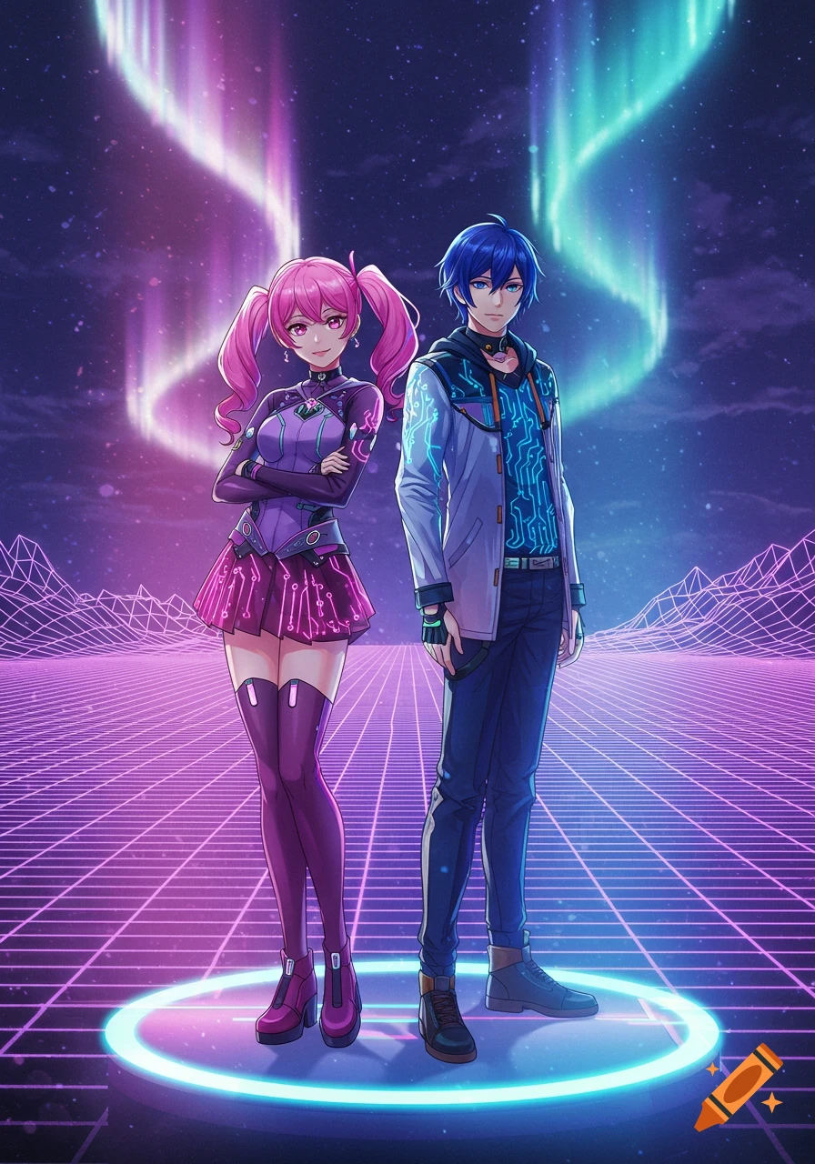 Anime vocaloid characters Kasane Teto and Kaito in a vibrant cyberpunk setting with neon grids and aurora lights.