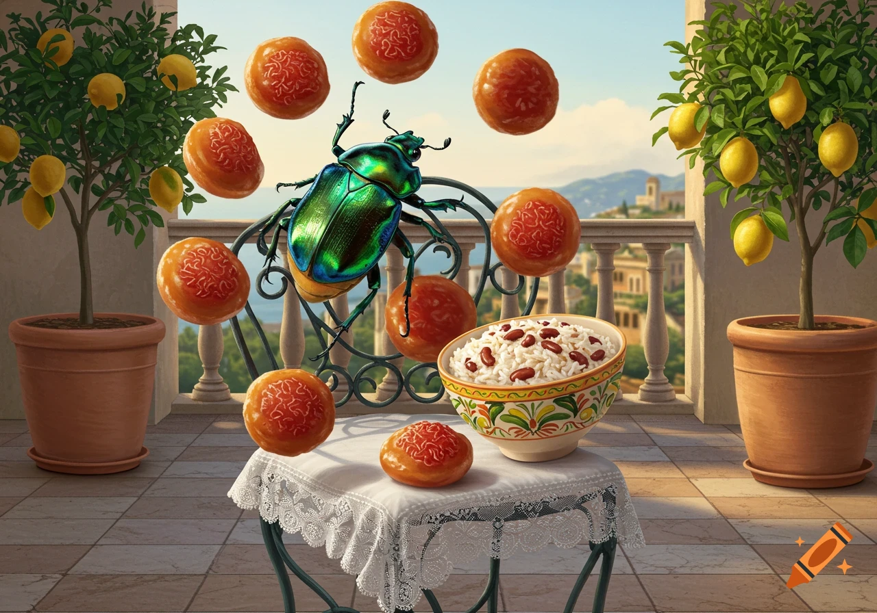 A large, metallic green beetle floats above a table on a balcony with lemon trees. Orange pastries float around it and a bowl of rice sits on the table.