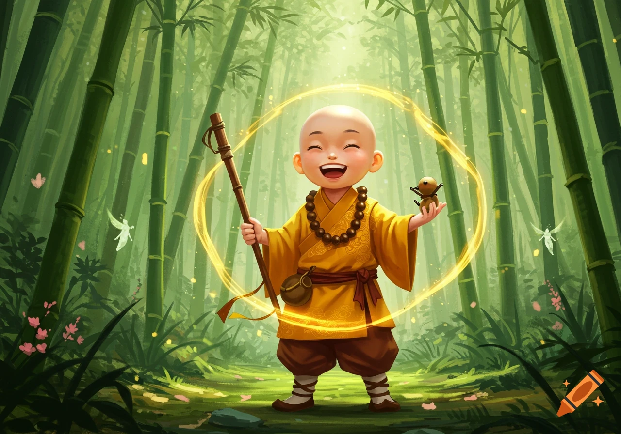 A happy bald monk with a staff and a small bird stands under a glowing halo in a vibrant bamboo forest, with fairies flying around.