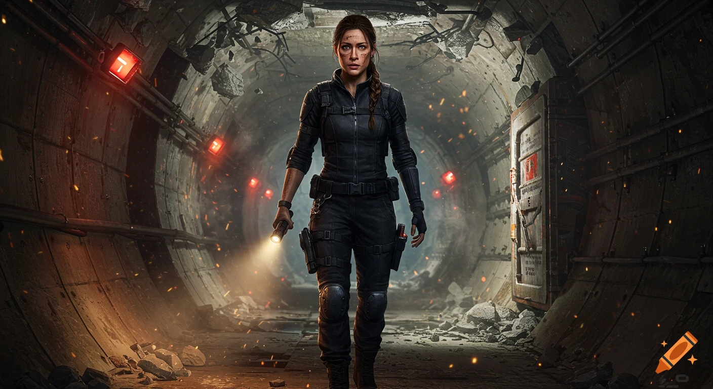 A photorealistic image of a woman in black tactical gear walking through a collapsing, debris-filled underground tunnel, holding a flashlight.