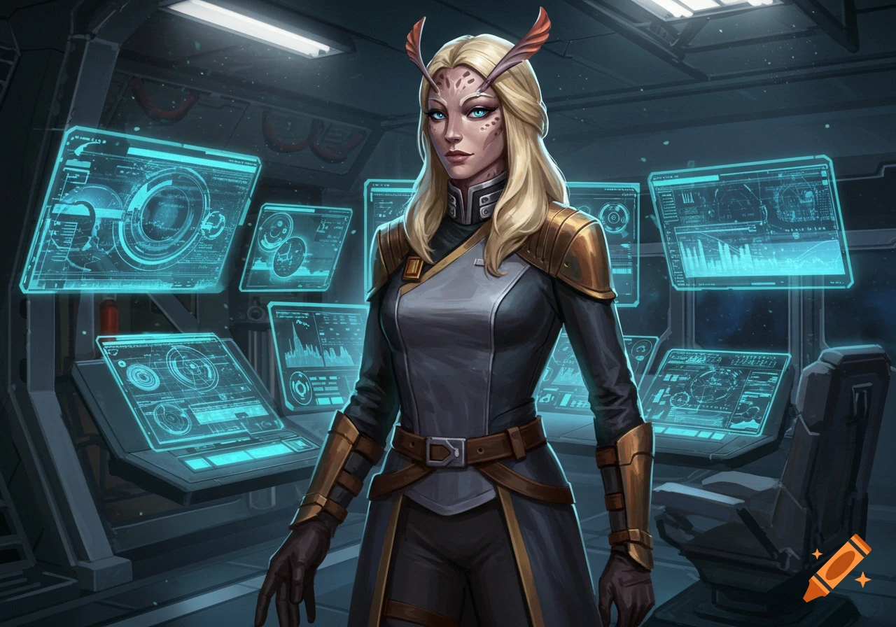 A blonde-haired alien woman with antennae and freckles in a futuristic uniform stands on a starship command deck with holographic displays. Digital painting.