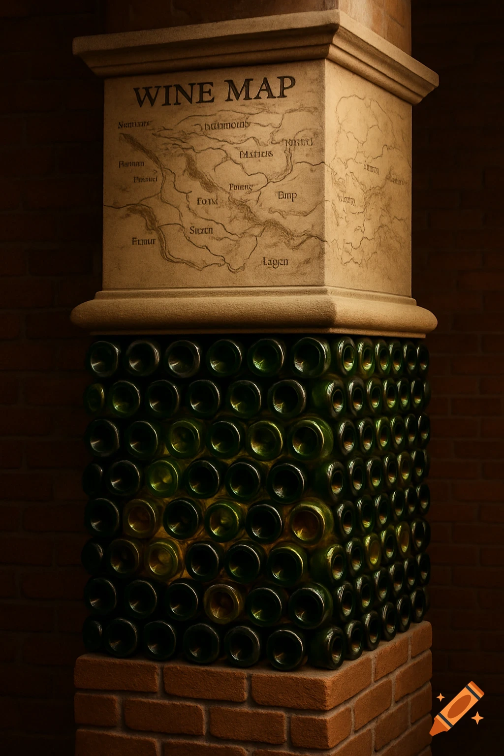 A photorealistic column with a brick base, a mid-section of green wine bottles, and a stone top featuring an old 'WINE MAP'.