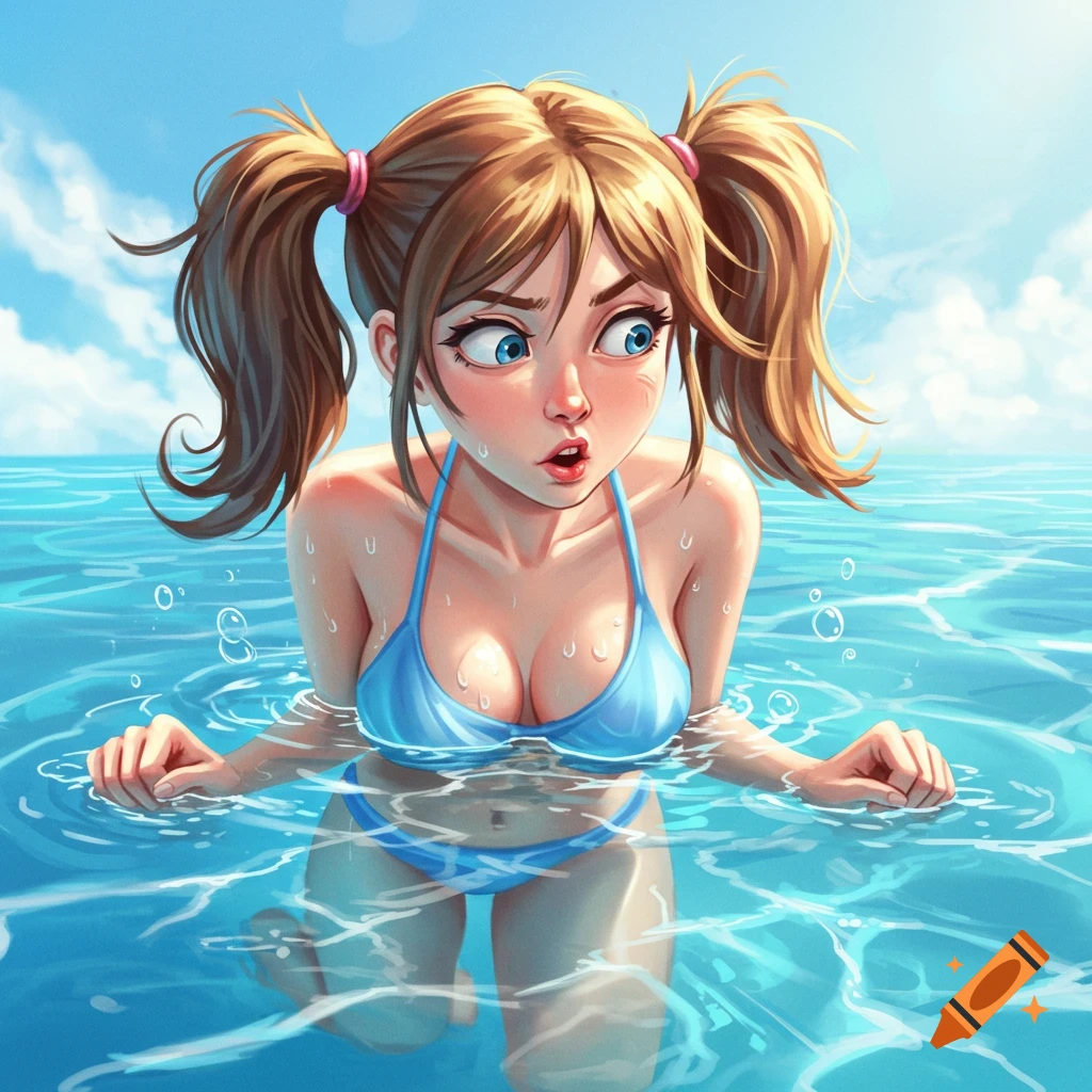 Cartoon illustration of a young woman with pigtails in a blue bikini, looking surprised while swimming in clear blue water.