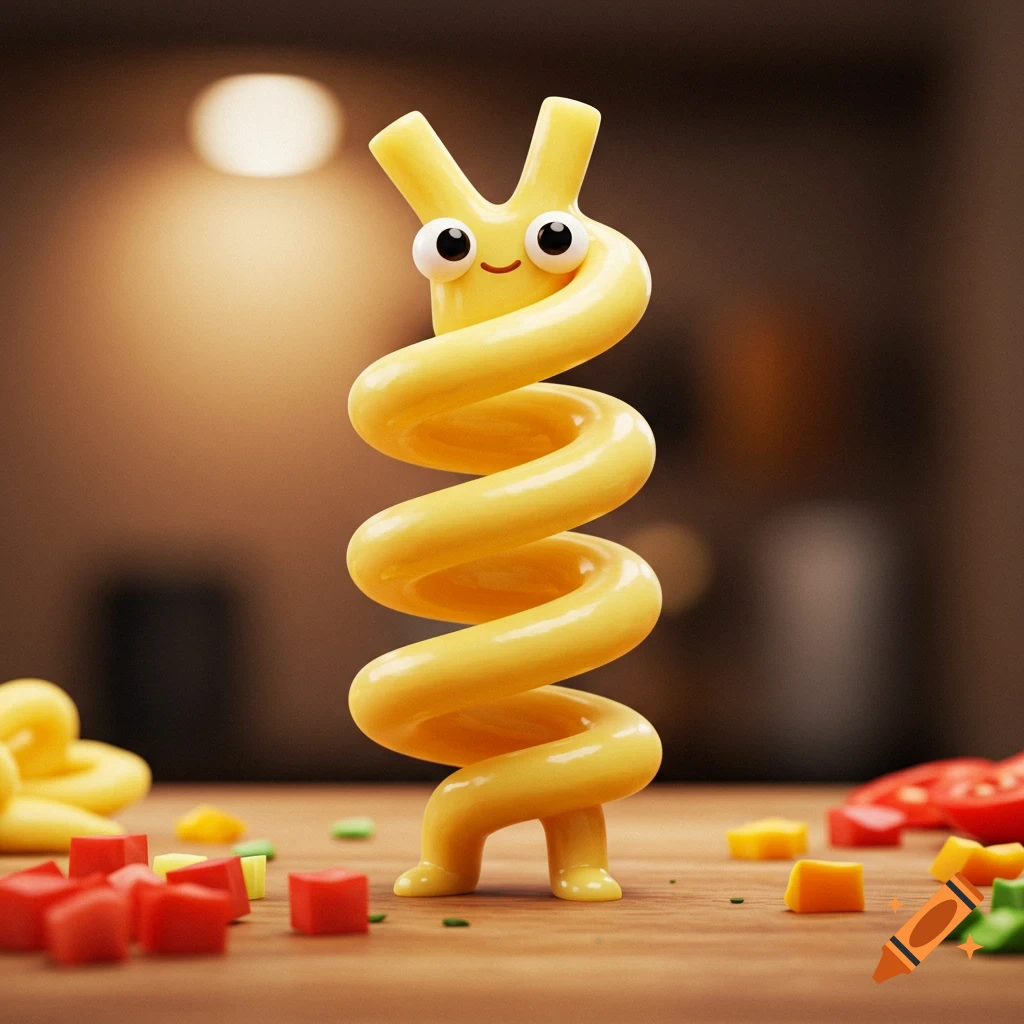 A cute yellow spiral noodle character with eyes and a smile stands on a wooden table with chopped vegetables.
