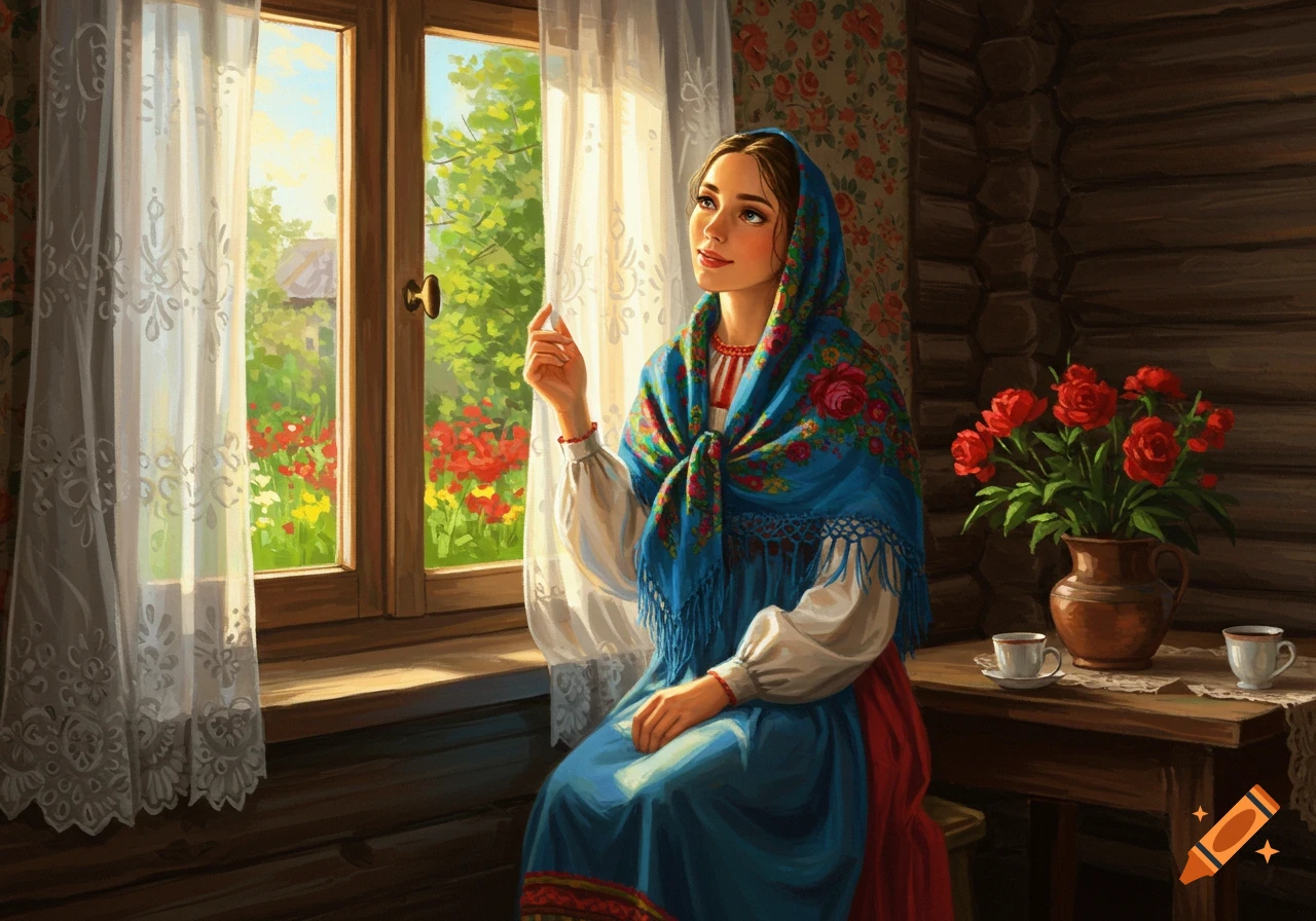 A young woman in traditional Russian folk attire sits by a sunlit window in a rustic room, looking up. Painted illustration.