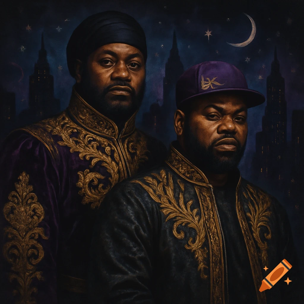 Two Black men in ornate, gold-embroidered jackets against a dark city skyline at night, one in a turban, one in a purple cap.