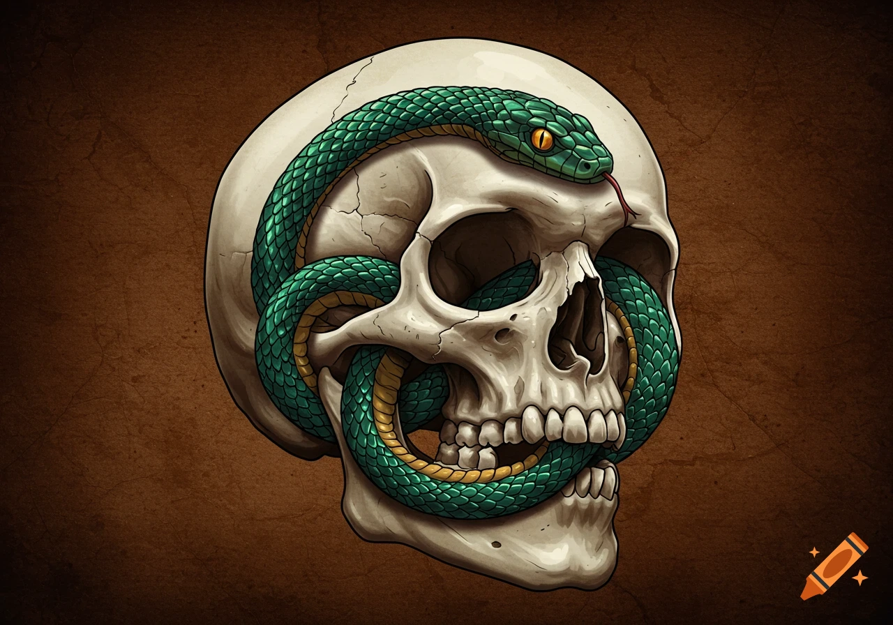 A detailed illustration of a green snake with yellow markings wrapped around and through a human skull.