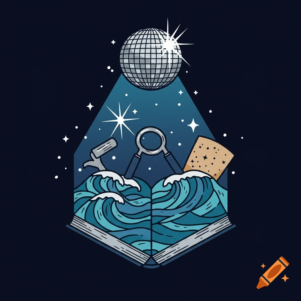 Stylized illustration featuring an open book with ocean waves inside, under a disco ball casting light on a starry night sky with compass-like tools.