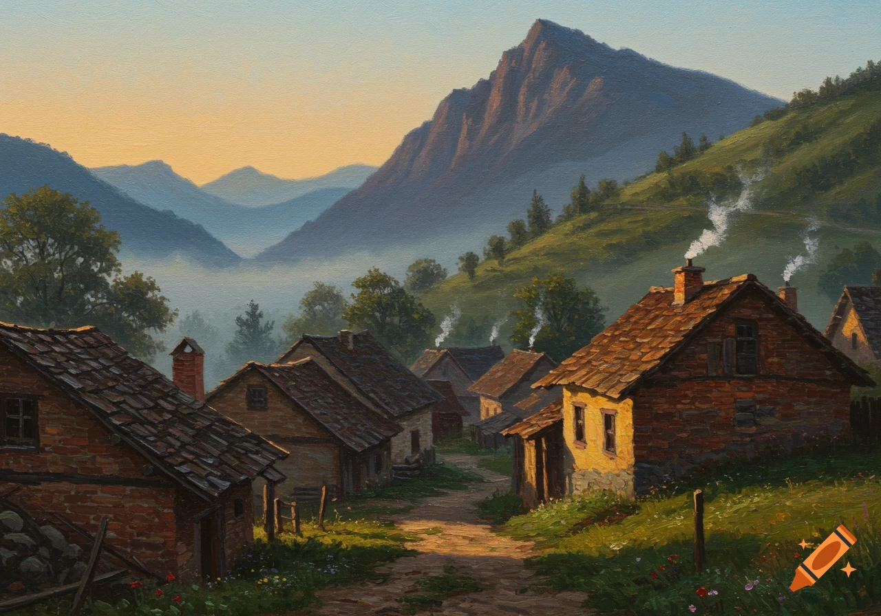 A classical oil painting of a serene village nestled at a mountain's base at dawn, with sunlit rooftops and smoke from chimneys.