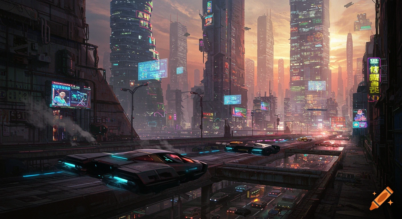 A sprawling futuristic cyberpunk city at dusk, with towering skyscrapers, neon signs, glowing holograms, and flying vehicles on elevated roadways.