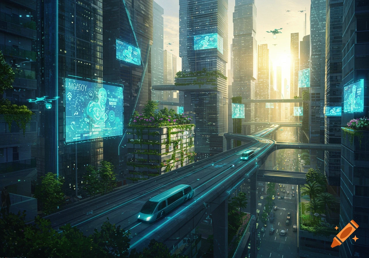 A vibrant futuristic city with tall skyscrapers, elevated highways with sleek vehicles, and holographic displays, bathed in a warm sunset glow.