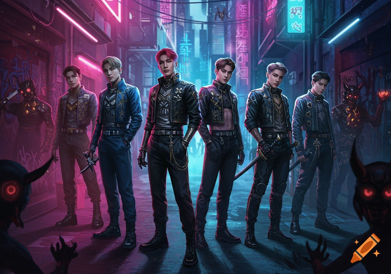 A group of six stylized men in futuristic attire, standing in a neon-lit cyberpunk alley with demonic figures. Pink and blue lights illuminate the scene.