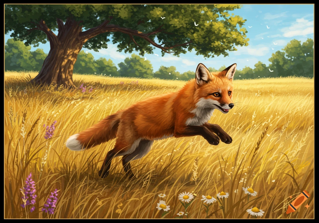 A vibrant digital painting of a red fox leaping through a sunlit golden field with wildflowers and a large tree in the background.