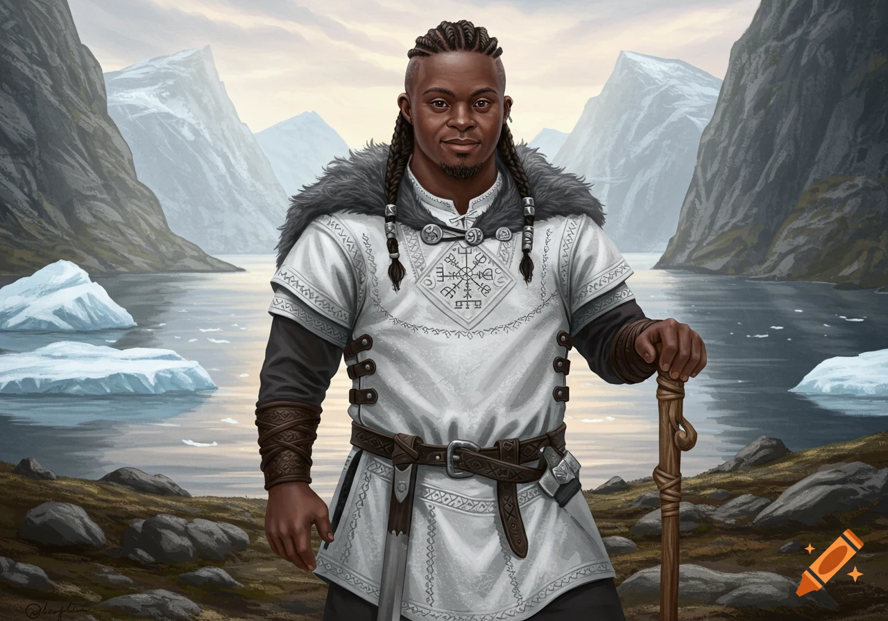 A dark-skinned man with braided hair and a fur-collared tunic stands by a glacial lake, holding a staff.