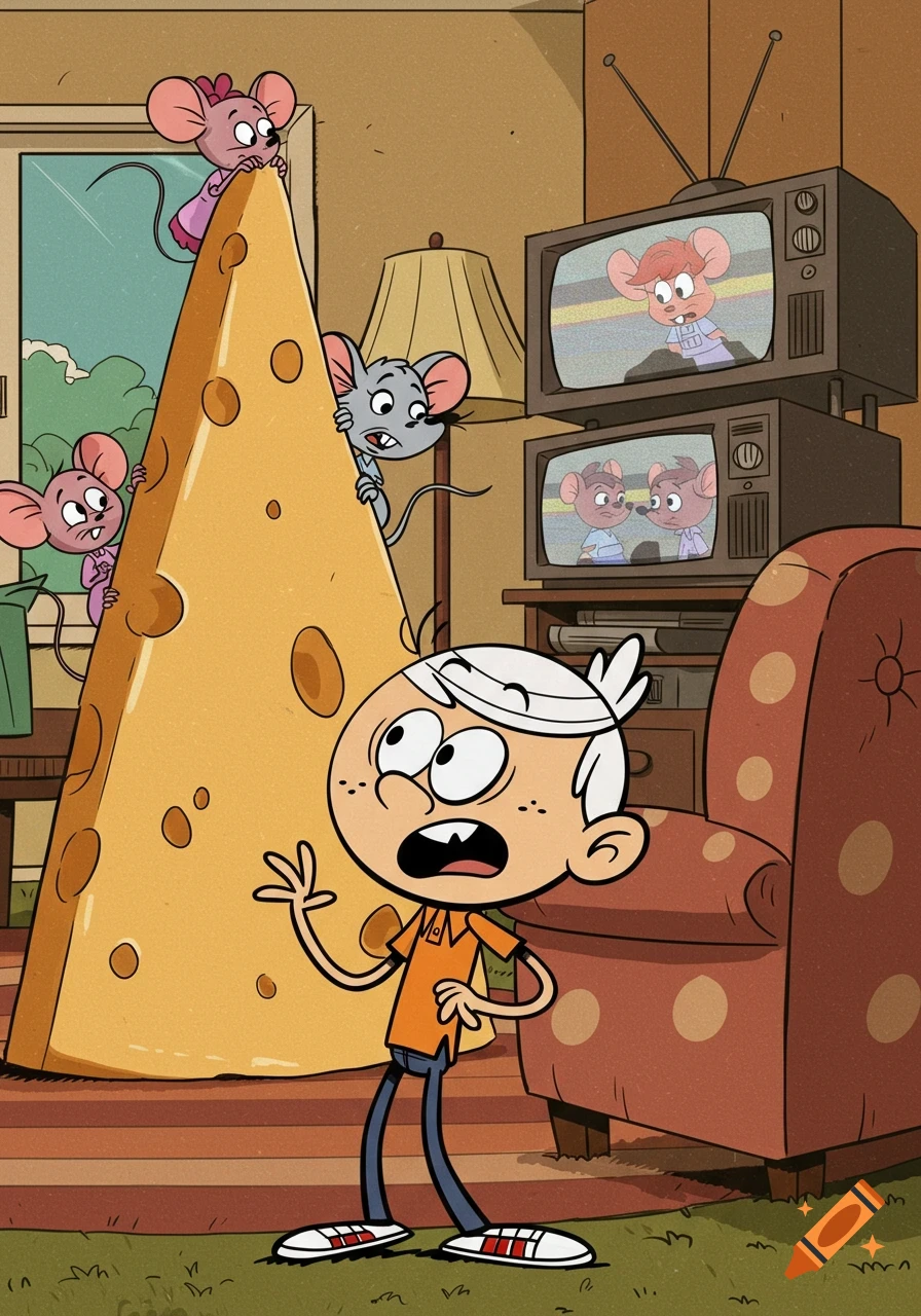Lincoln Loud looks surprised at a giant block of Swiss cheese with several cartoon mice climbing on it, in a cartoon living room.