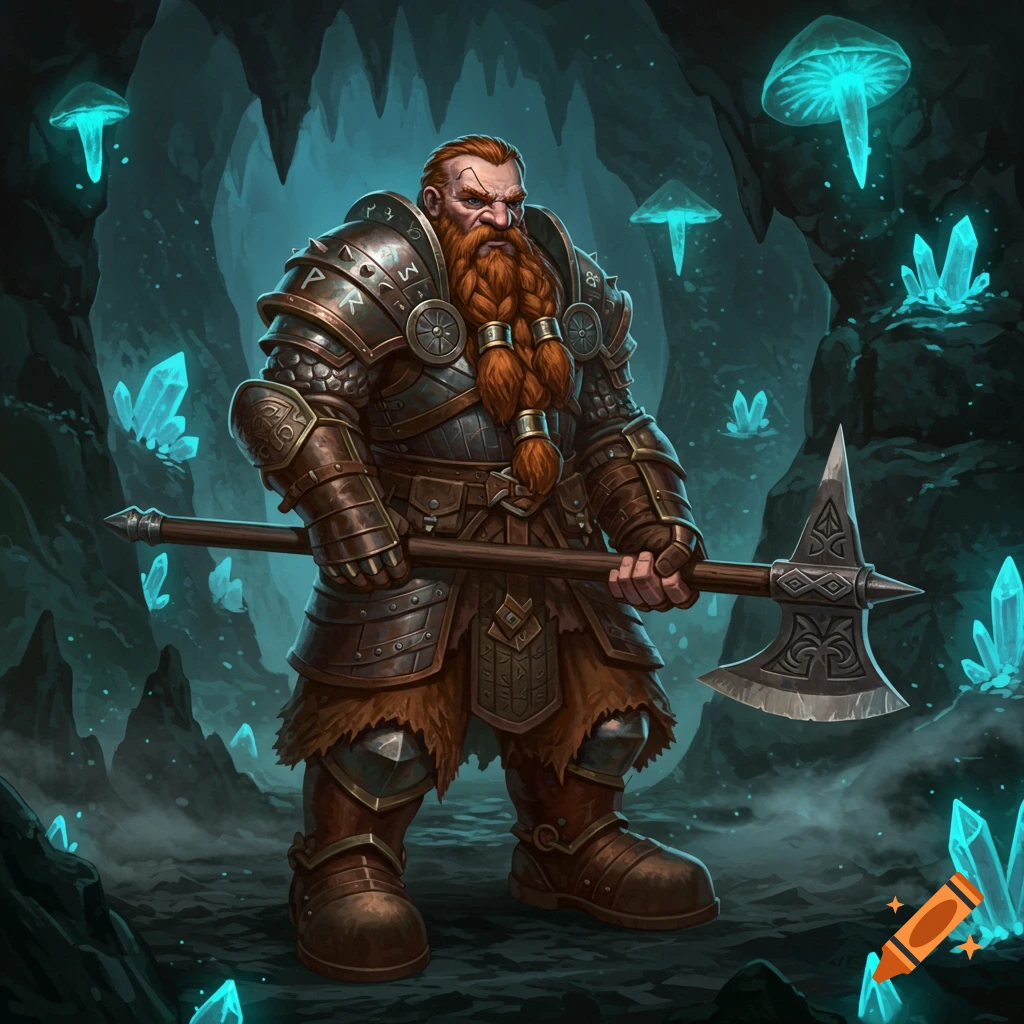 A powerful dwarf warrior with a braided red beard and intricate armor holds a large axe in a bioluminescent cave with glowing mushrooms and crystals.