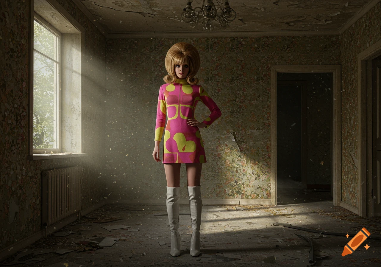 A woman in a vibrant pink and yellow 60s mod dress and white go-go boots stands in a dilapidated, abandoned room with sunlight streaming through a window.