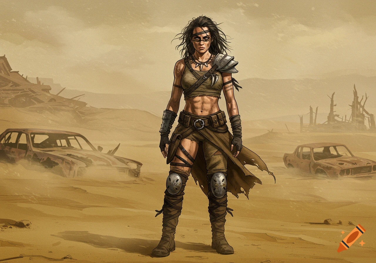 Illustration of a savage post-apocalyptic woman standing in a desert wasteland with abandoned cars.