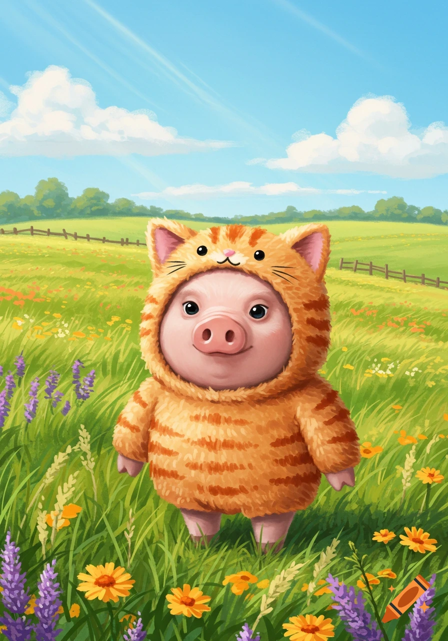 A cute pig wearing an orange tabby cat costume stands in a sunny, green field with wildflowers, in an illustration style.