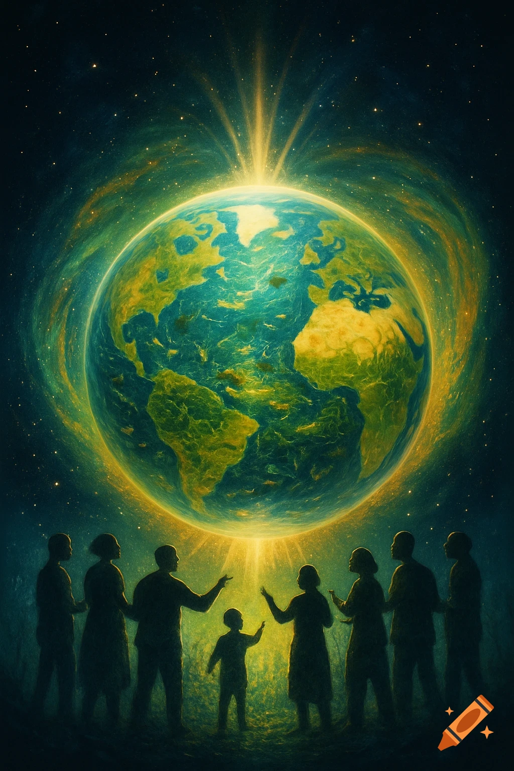 Stylized image of a glowing Earth in space with rays of light, watched by silhouetted figures.
