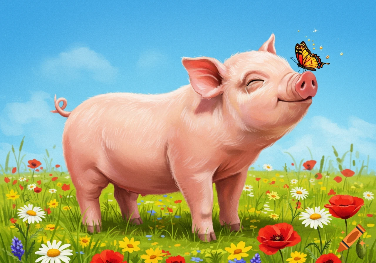 A happy pink pig with closed eyes smiles as a butterfly rests on its snout in a vibrant wildflower meadow under a blue sky. Illustration.