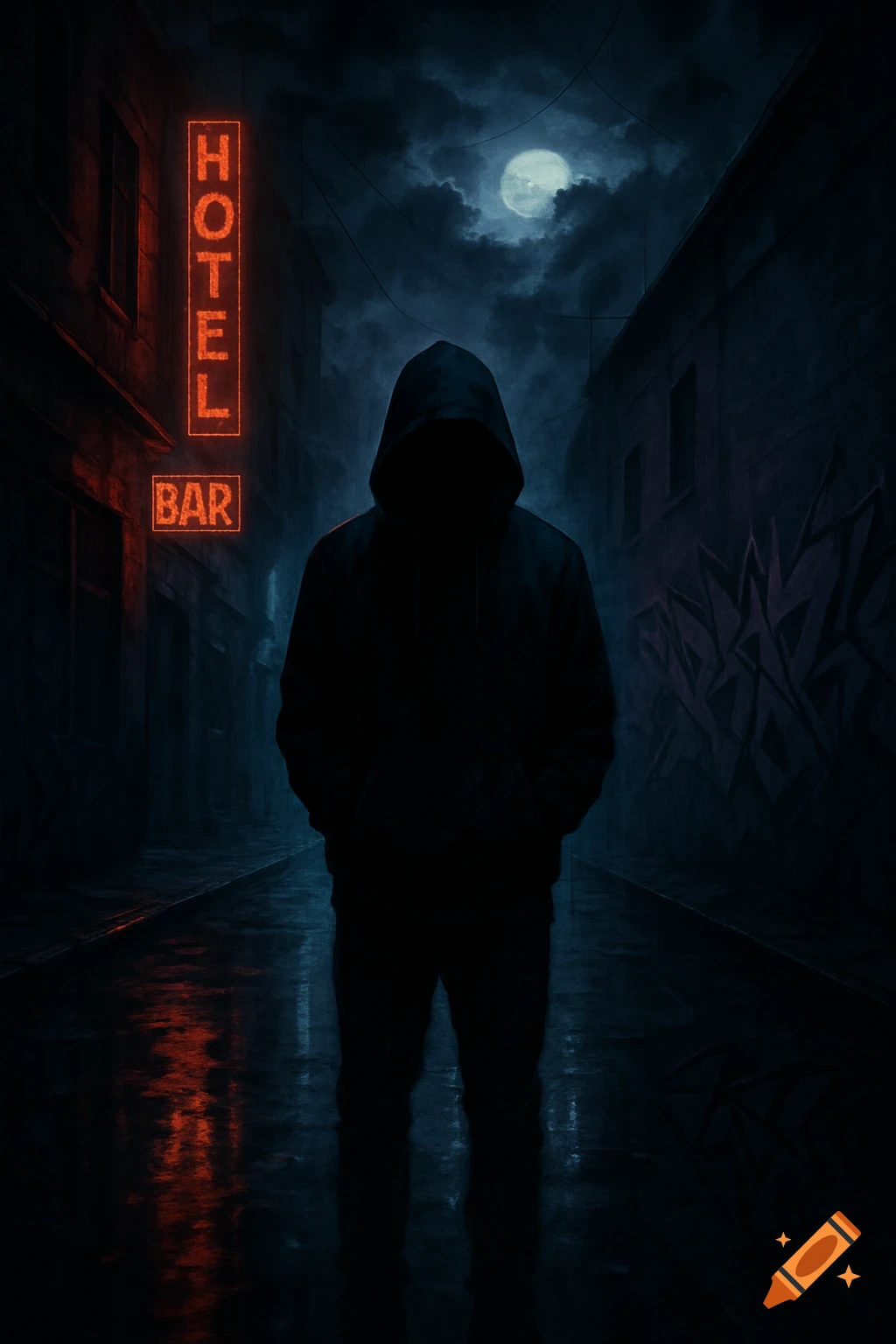 Silhouetted figure in a dark, rainy alley with glowing HOTEL and BAR neon signs under a full moon, moody art style.