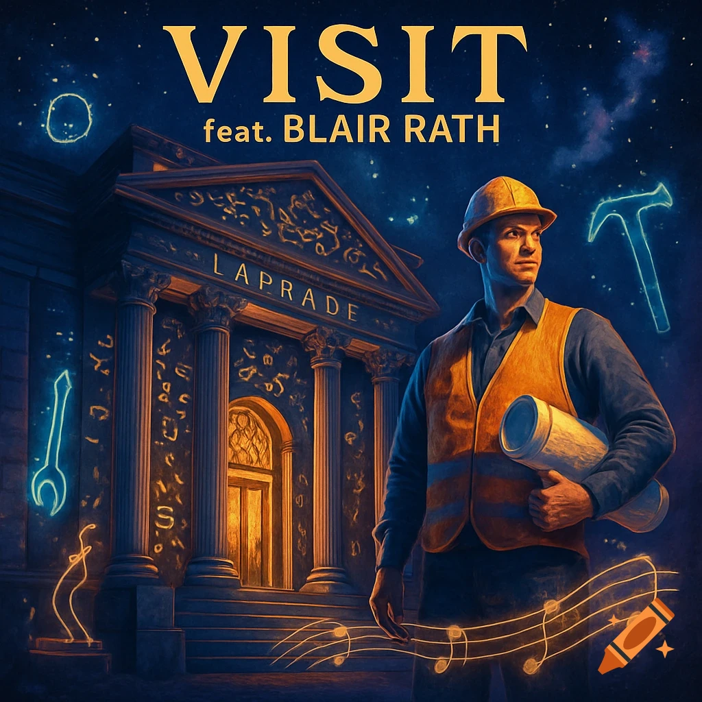 An album cover featuring a construction worker with a blueprint in front of a classical building under a starry sky with glowing tools and musical notes.