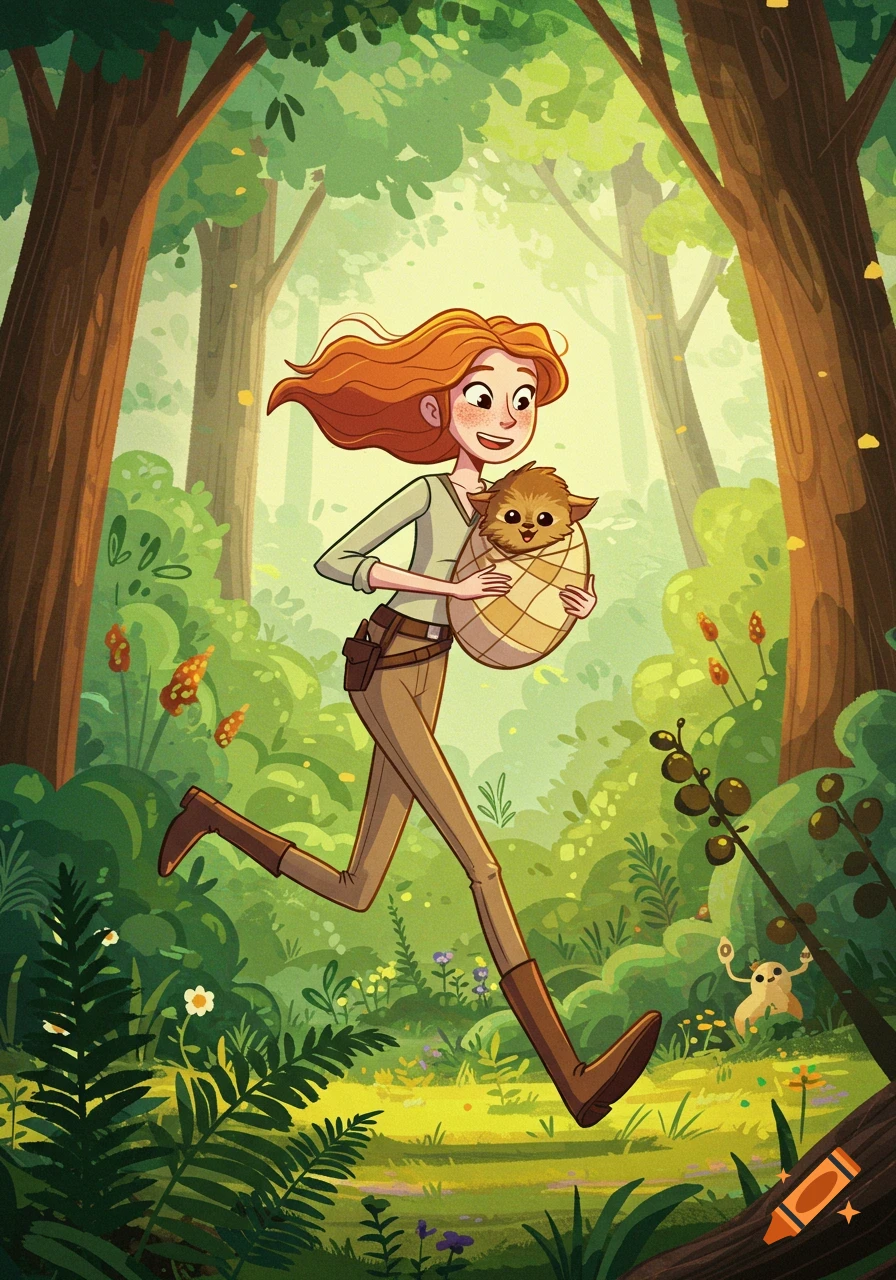 Cartoon woman with red hair runs through a lush forest, carrying a swaddled baby wookie-like creature.