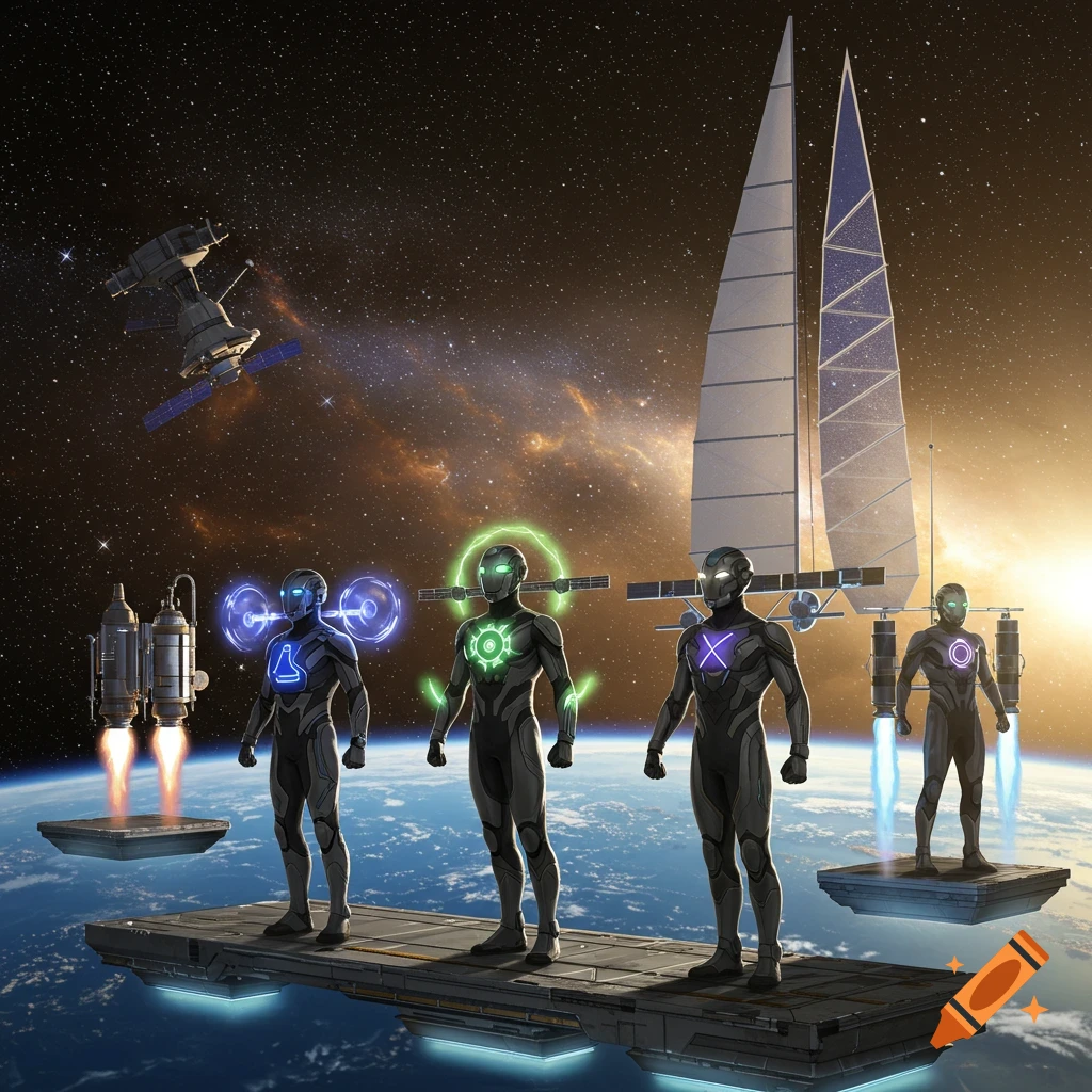 Four armored futuristic figures with glowing symbols stand on platforms above Earth, with spaceships and satellites in space.