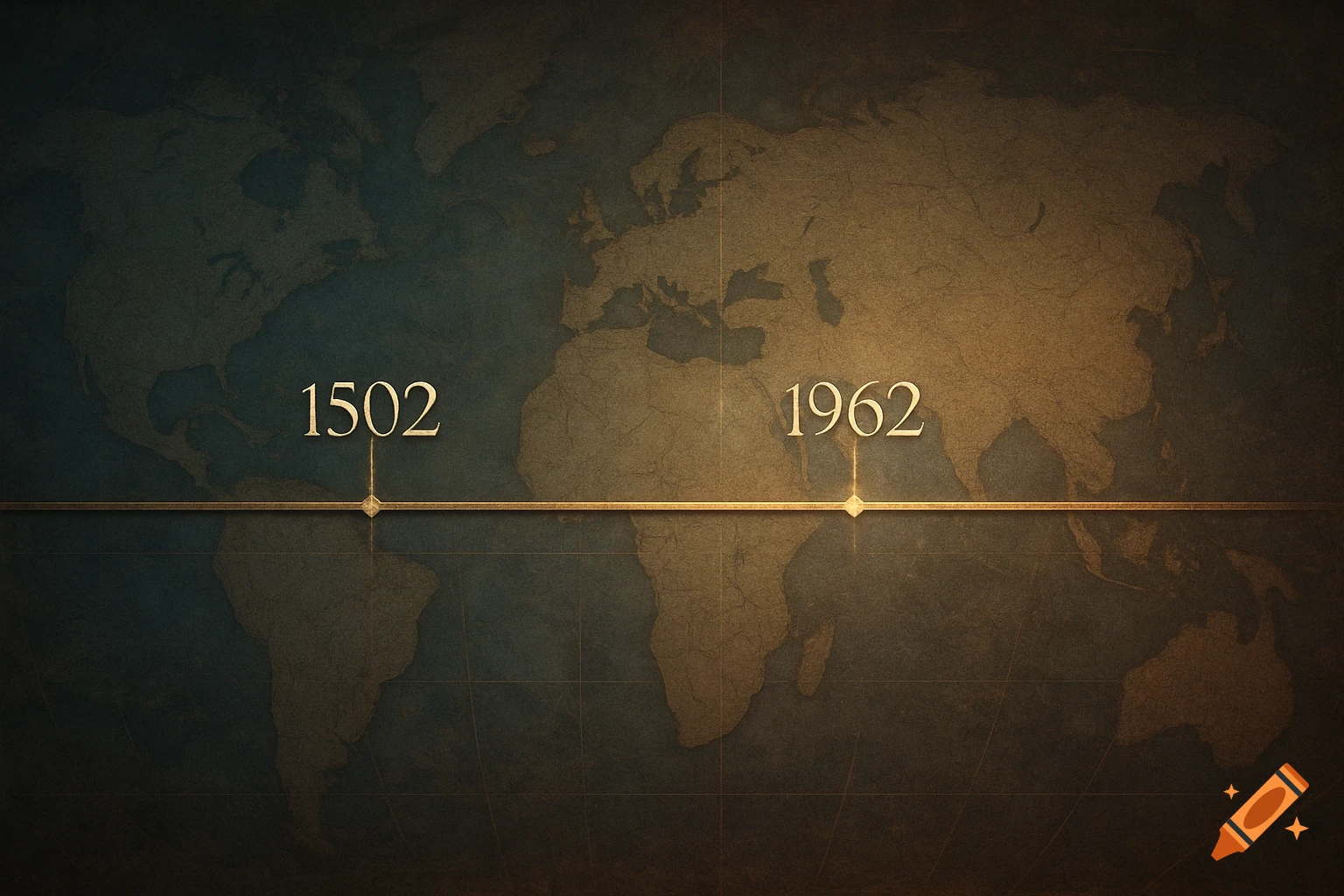 A vintage-style world map with a golden timeline marking the years 1502 and 1962.