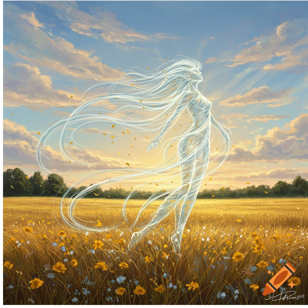 Ethereal translucent figure of light and wind rises from a golden field of wildflowers under a cloudy sunset sky.
