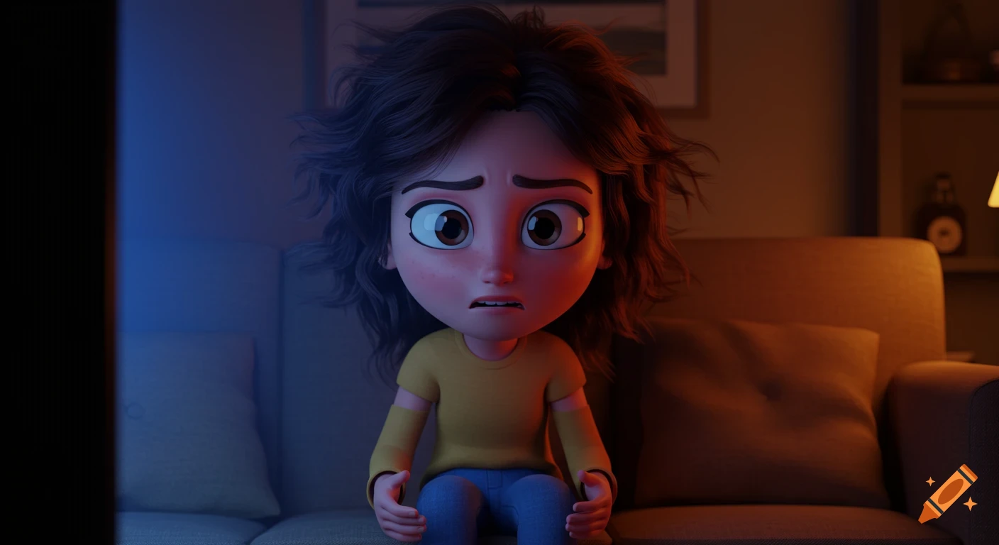 A 3D cartoon-style young woman with dark, messy hair sits on a sofa, looking confused and frustrated in a dimly lit room.