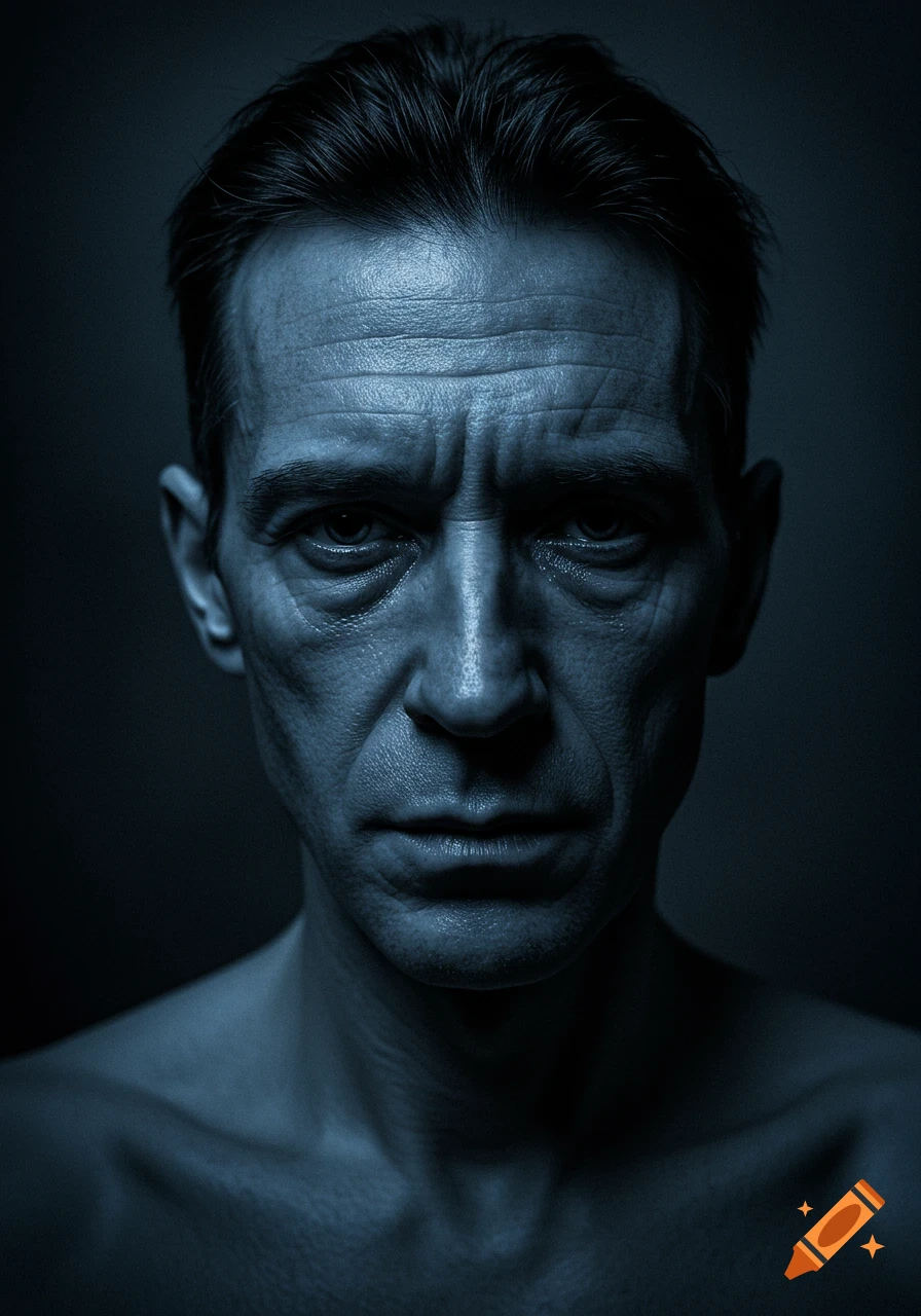 Close-up, dramatic blue-tinted portrait of a somber, stern man with furrowed brows.