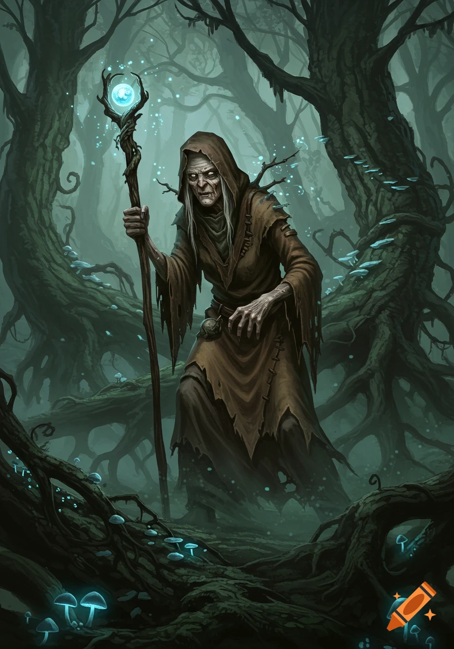 A hooded, gaunt witch-like crone with glowing eyes holds a magical staff in a dark, misty fantasy forest with glowing blue mushrooms.