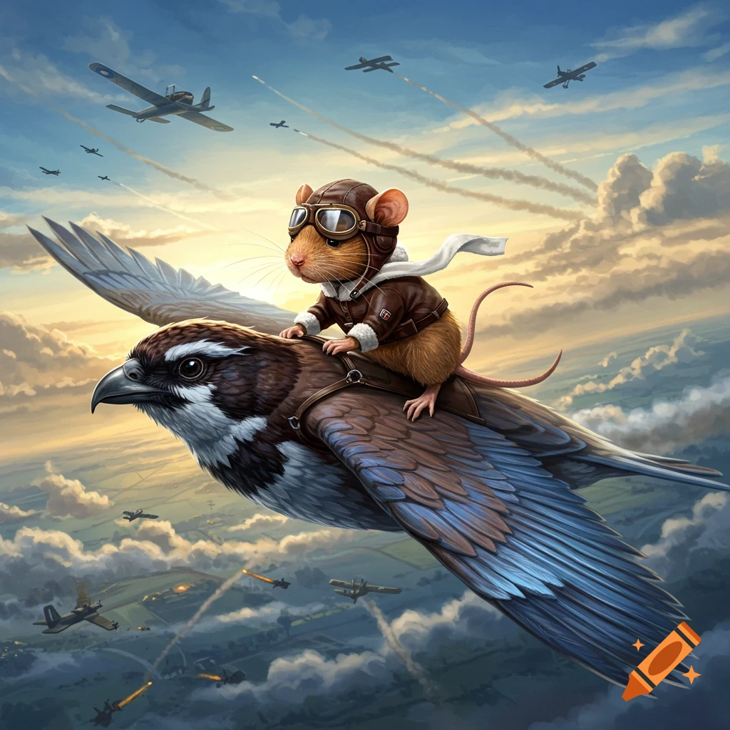 A cartoon mouse in pilot gear rides on the back of a large bird flying through an aerial combat scene with biplanes and clouds.