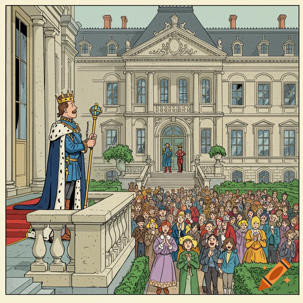 King on a balcony holding a scepter, addressing a cheering crowd in front of a grand palace, in Herg é cartoon style.