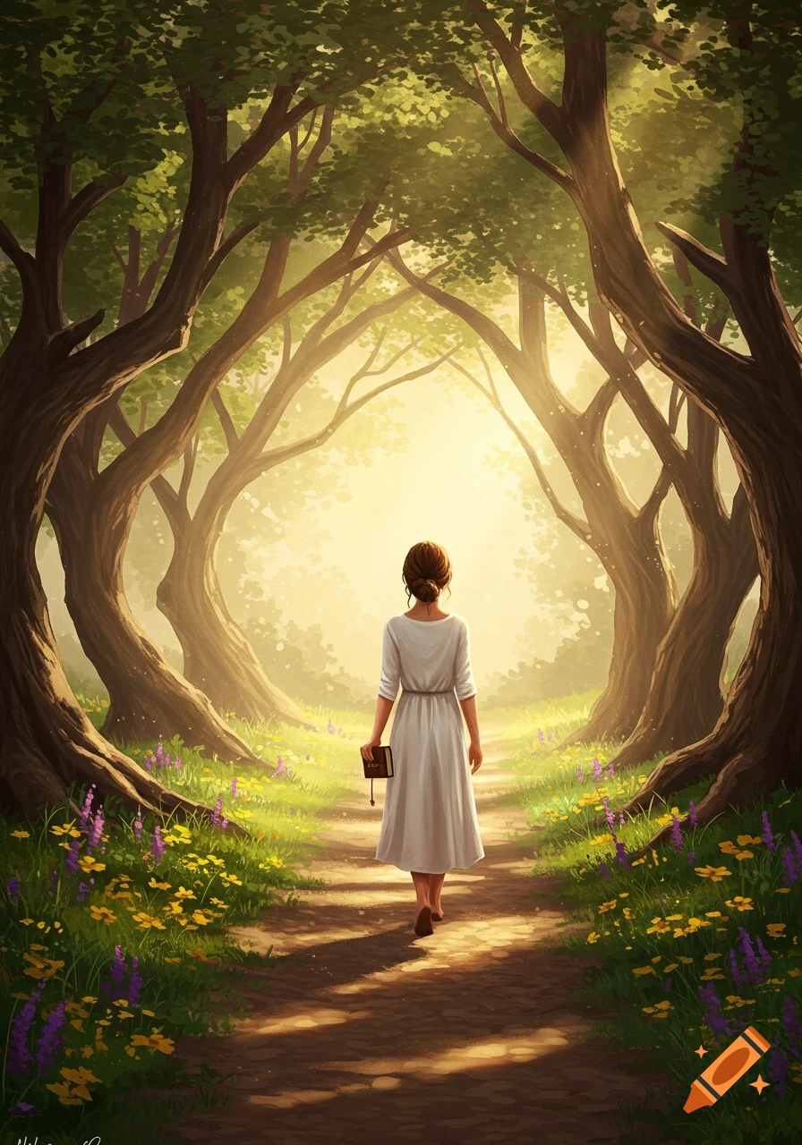 Woman in a white dress walking on a sunlit path through an arched forest with wildflowers, holding a book, painterly style.