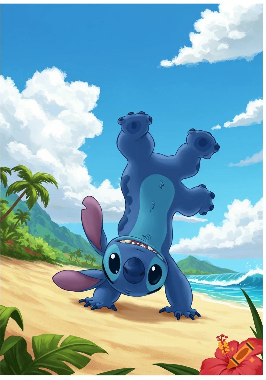 Cartoon character Stitch doing a handstand on a sunny tropical beach with palm trees and ocean.