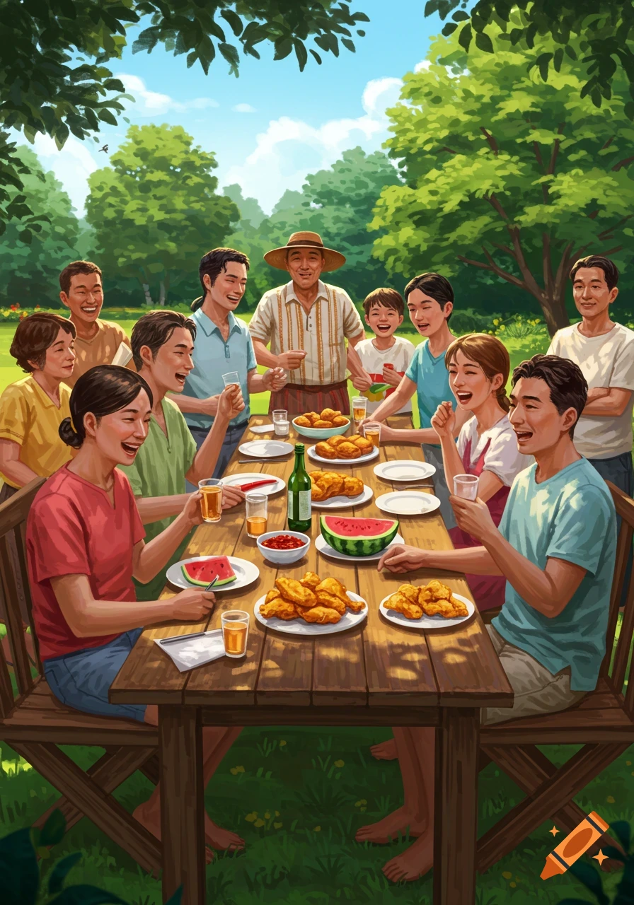 Illustration of a happy family picnic outdoors, eating fried chicken and watermelon at a wooden table under trees.
