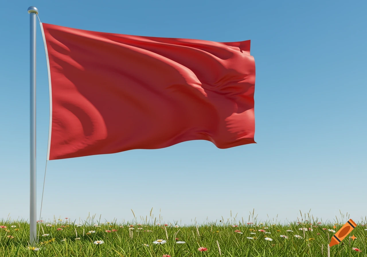 A red flag waving on a pole in a grassy field with small wildflowers under a clear blue sky.