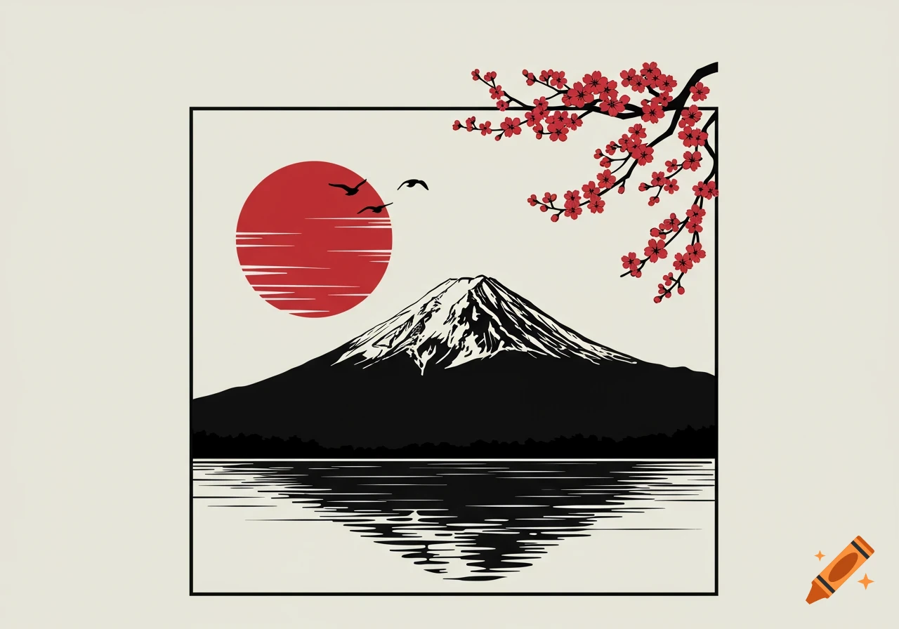 Minimalist Japanese art of Mount Fuji with a red sun, cherry blossoms, flying birds, and water reflections, all in black silhouette.