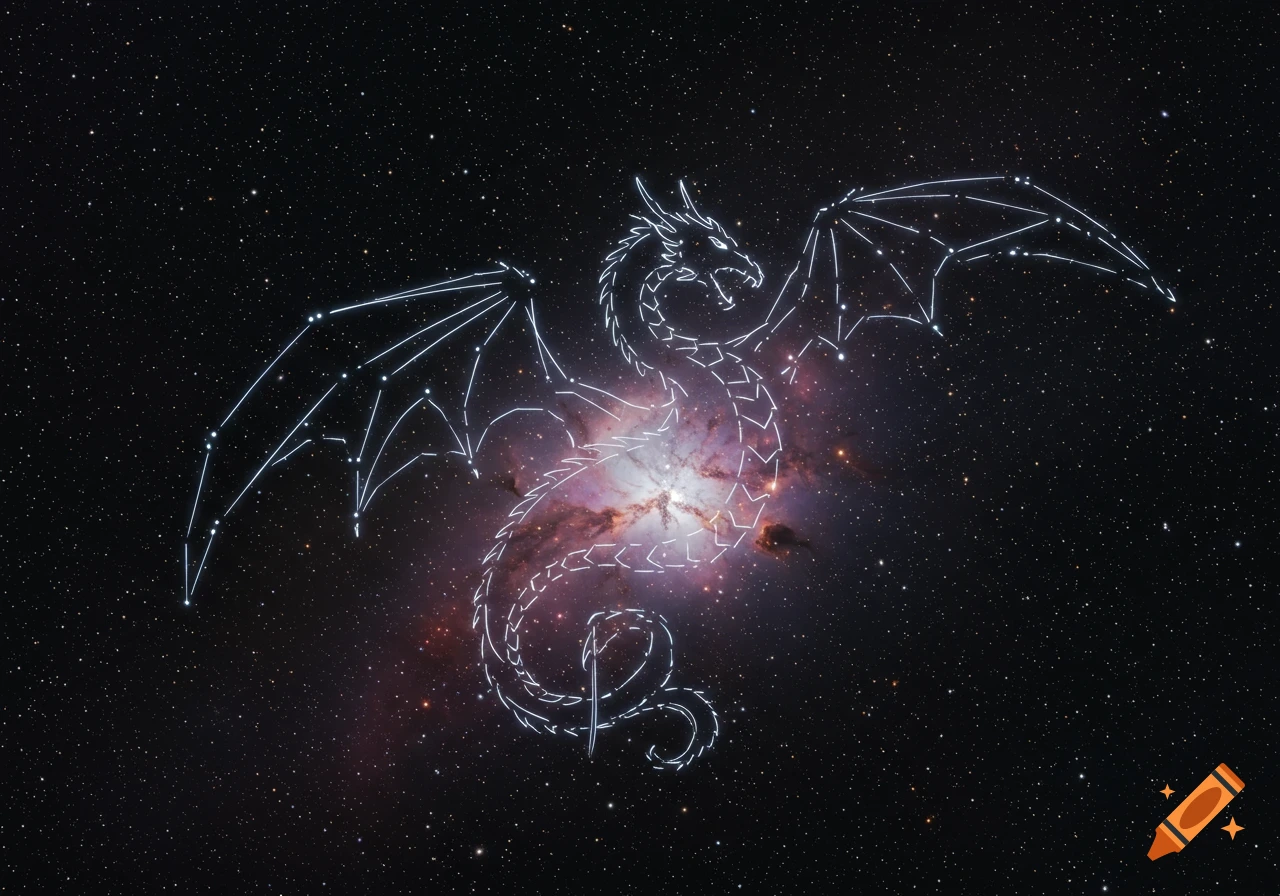A bright white outline of a dragon constellation over a colorful purple and pink nebula in deep space.