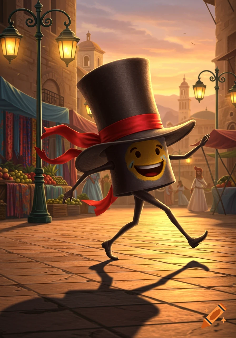 A whimsical top hat with a happy emoji face and legs runs through a vibrant marketplace at sunset.