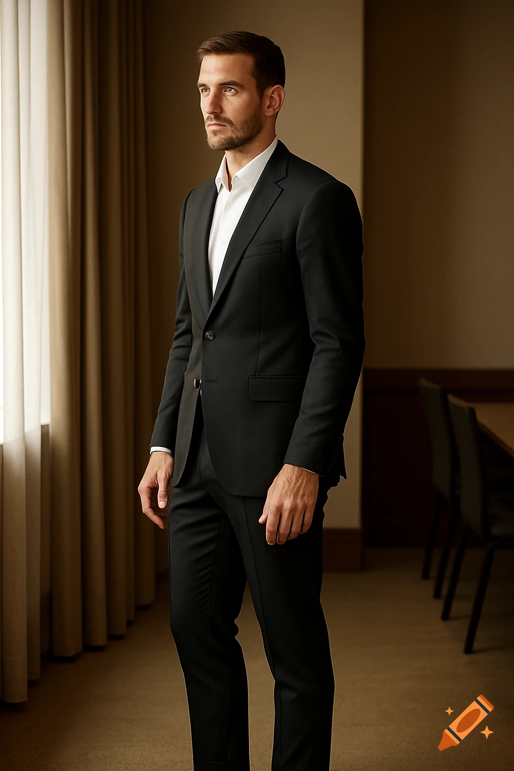 A distinguished man in a black suit and white shirt stands by a window, looking thoughtfully into the distance.