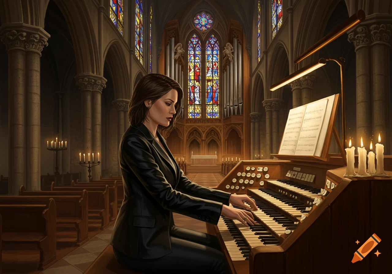 An attractive woman in a black blazer plays a grand pipe organ in a dimly lit, high-arched church with stained glass windows.