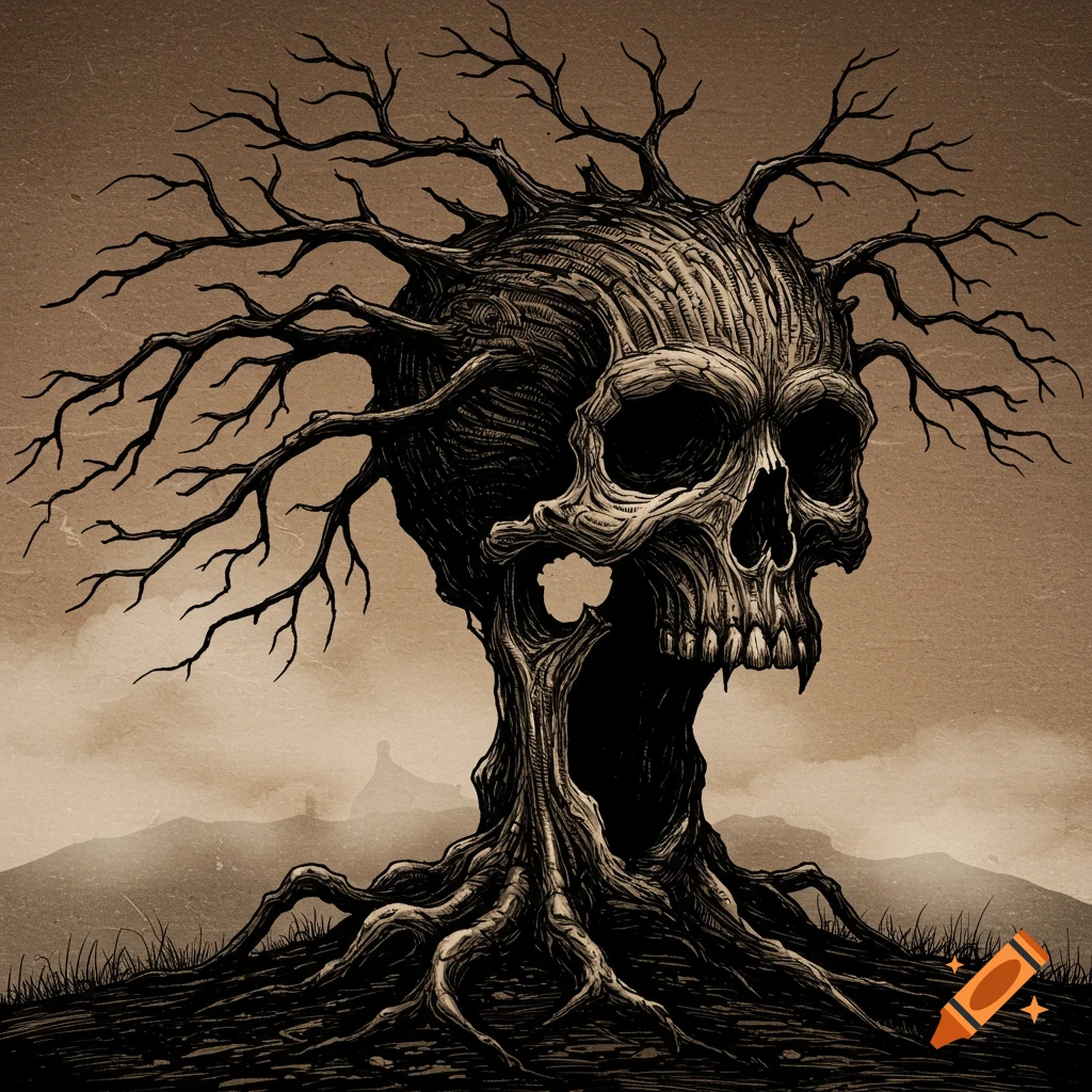 Detailed sepia illustration of a tree with branches forming a skull, in a copper engraving style.