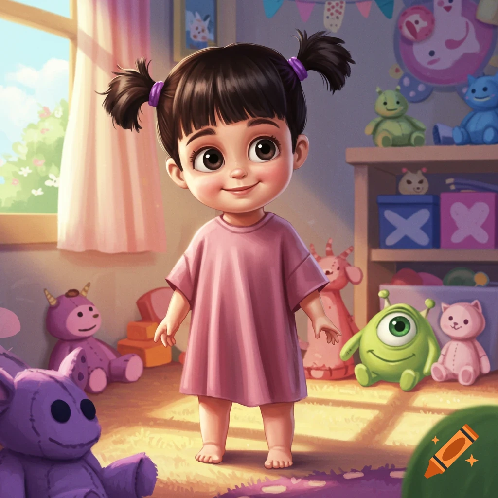 A smiling animated girl with pigtails in a pink dress stands barefoot in a playroom surrounded by cartoon monster toys.