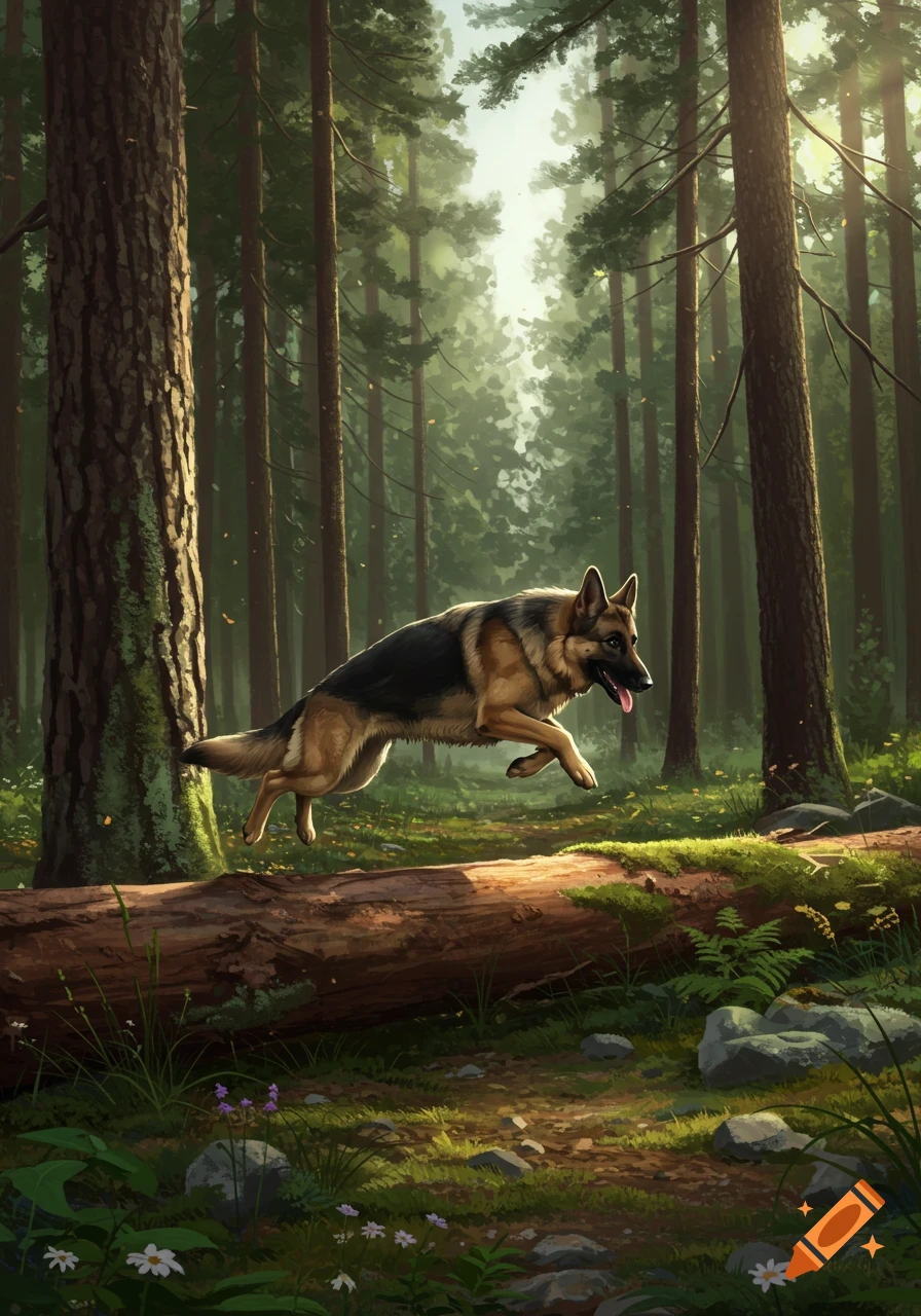 A German Shepherd dog leaps over a fallen tree trunk in a sunlit forest, illustrated style.