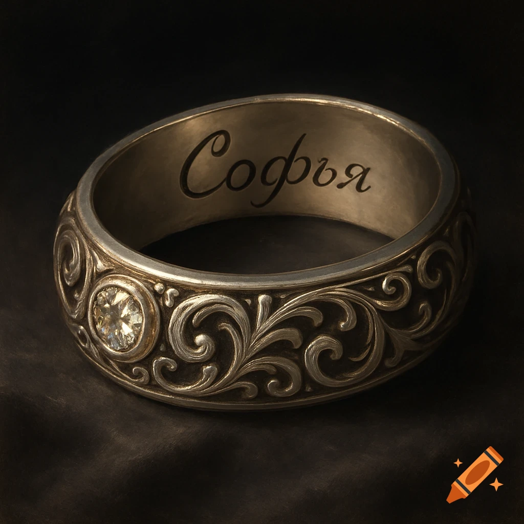 Close-up of a silver ring with ornate scrollwork, a small diamond, and 'Софья' engraved inside.
