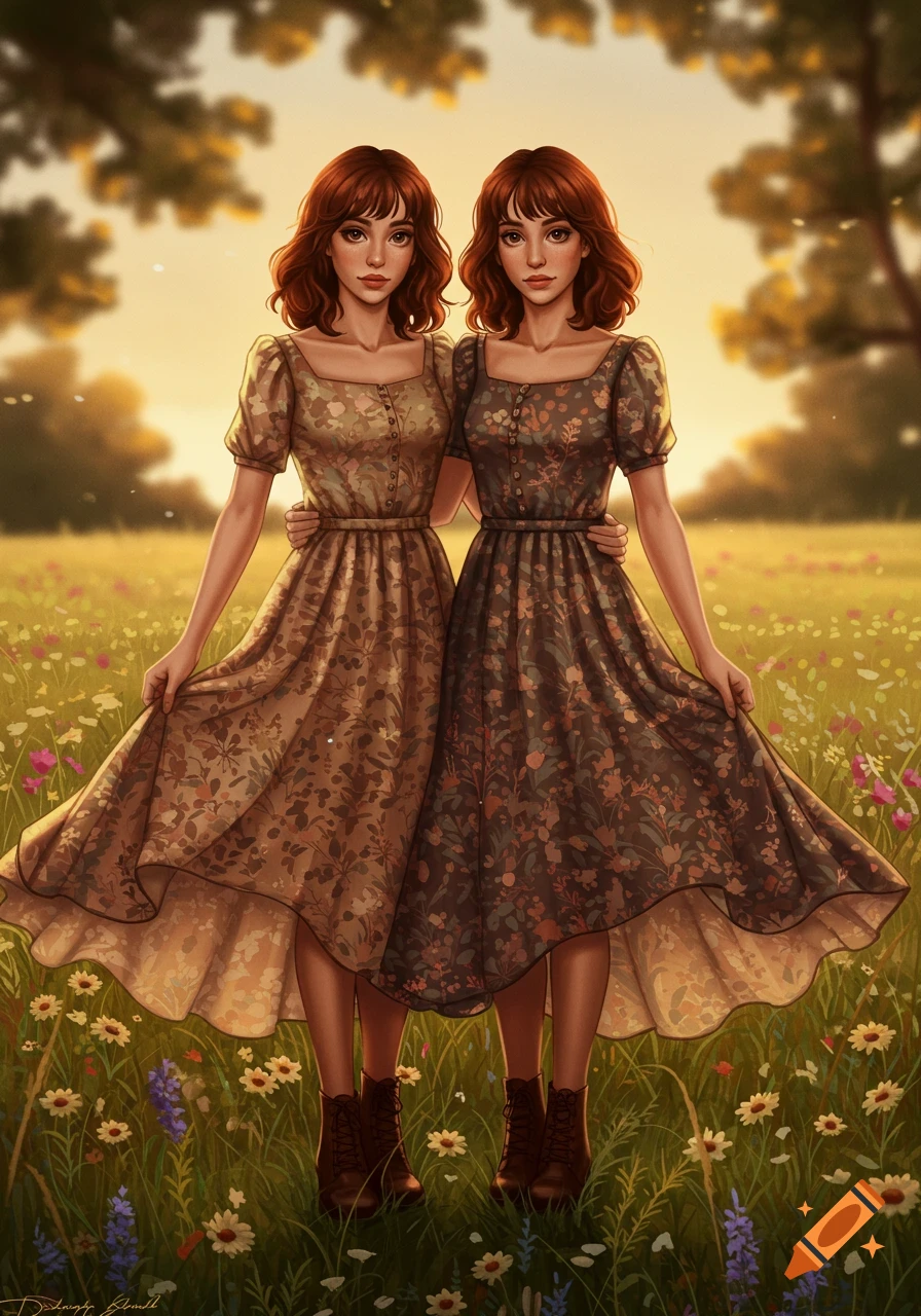 Stylized illustration of two identical twin women in floral dresses embracing in a sunny field of wildflowers.
